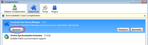 opciones Facebook Chat History Manager